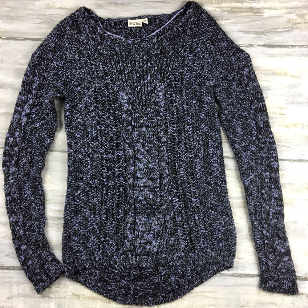 Mudd Marled Cable-Knit Open-Knit Curved Hem Hi Low Sweater Purple Black
